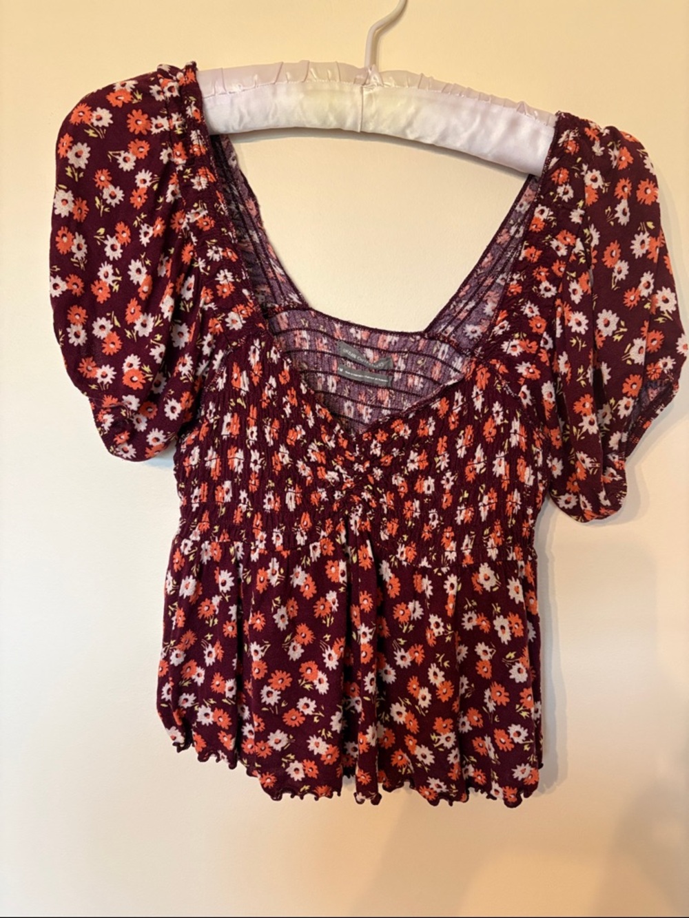 Urban Outfitters Burgundy Floral Smocked Puff-Sleeve Crop Top